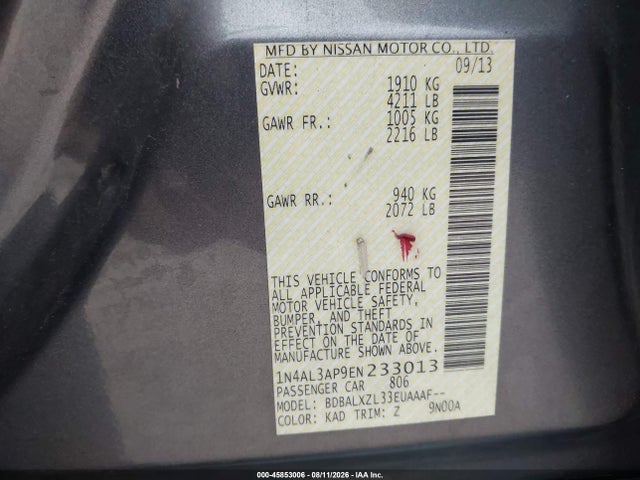 Aukcja sprzedaży 2014 Nissan Altima 2.5 Sl, vin: 1N4AL3AP9EN233013, numer aukcji: 45853006