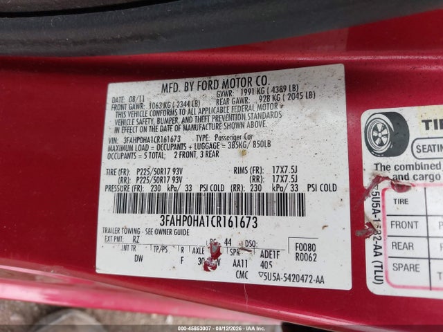 Aukcja sprzedaży 2012 Ford Fusion Se, vin: 3FAHP0HA1CR161673, numer aukcji: 45853007