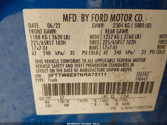 Aukcja sprzedaży 2022 Ford Maverick Xl, vin: 3FTTW8E97NRA75111, numer aukcji: 45853024