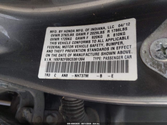 Aukcja sprzedaży 2012 Honda Civic Ex, vin: 19XFB2F88CE061394, numer aukcji: 45853025