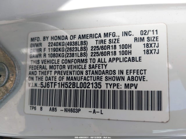 Продаж на аукціоні авто 2011 Honda Accord Crosstour Ex-l, vin: 5J6TF1H52BL002135, номер лоту: 45853031