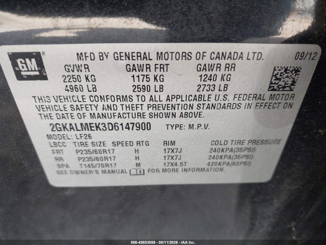 45853056 :رقم المزاد ، 2GKALMEK3D6147900 vin ، 2013 Gmc Terrain Sle-1 مزاد بيع