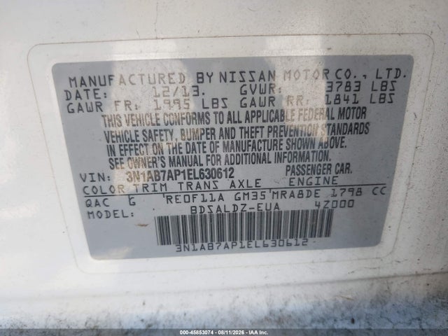 3N1AB7AP1EL630612 Nissan Sentra Fe+ S/fe+ Sv/s/sl/sr/sv