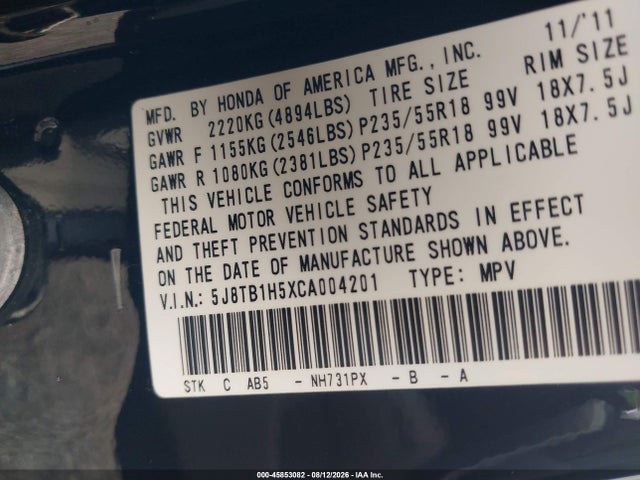Aukcja sprzedaży 2012 Acura Rdx, vin: 5J8TB1H5XCA004201, numer aukcji: 45853082