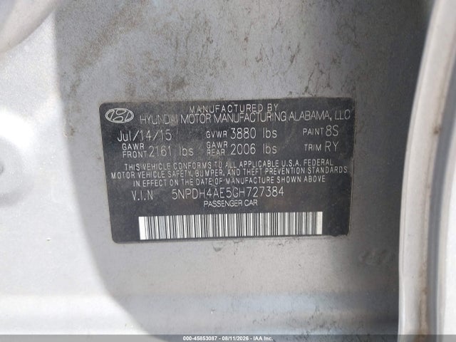 45853087 :رقم المزاد ، 5NPDH4AE5GH727384 vin ، 2016 Hyundai Elantra Value Edition مزاد بيع