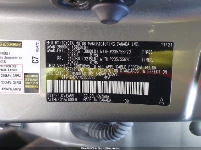45853093 :رقم المزاد ، 2T2HZMDA1NC320262 vin ، 2022 Lexus Rx 350 مزاد بيع