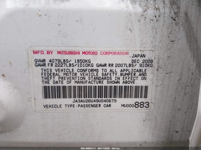 Aukcja sprzedaży 2009 Mitsubishi Lancer Es/es-sport, vin: JA3AU26U49U040679, numer aukcji: 45853111