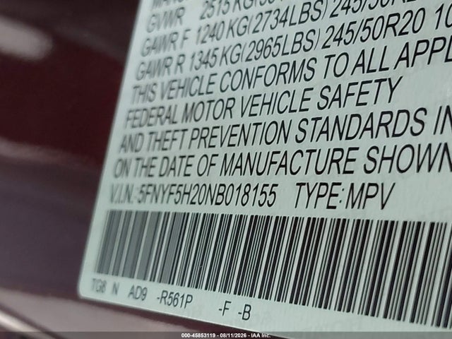 5FNYF5H20NB018155 Honda Pilot 2wd Special Edition