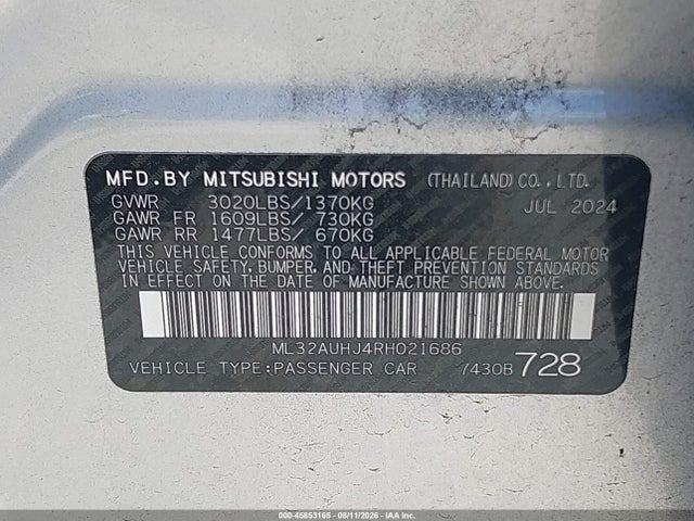 Продаж на аукціоні авто 2024 Mitsubishi Mirage Es/le, vin: ML32AUHJ4RH021686, номер лоту: 45853165