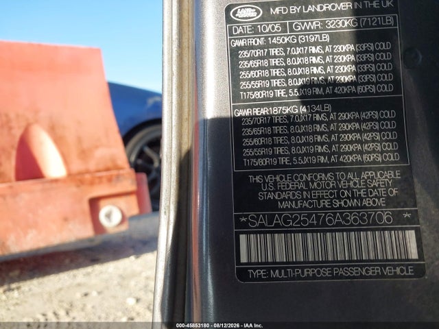 2006 Land Rover Lr3 V8 Hse მანქანა იყიდება აუქციონზე, vin: SALAG25476A363706, აუქციონის ნომერი: 45853180