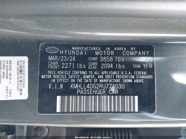 45853184 :رقم المزاد ، KMHLL4DG2RU774030 vin ، 2024 Hyundai Elantra Se مزاد بيع