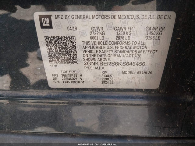 Auction sale of the 2019 Chevrolet Blazer Rs, vin: 3GNKBERS6KS646456, lot number: 45853186