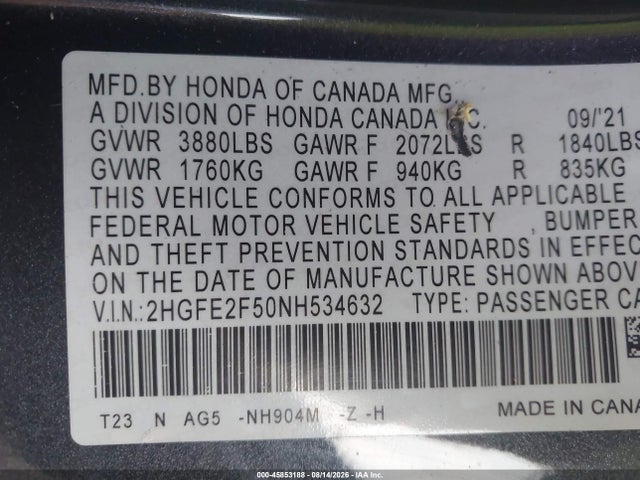 Продаж на аукціоні авто 2022 Honda Civic Sport, vin: 2HGFE2F50NH534632, номер лоту: 45853188