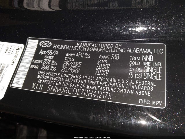 Aukcja sprzedaży 2024 Hyundai Tucson Sel, vin: 5NMJBCDE7RH412175, numer aukcji: 45853202