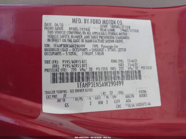 2010 Ford Focus S მანქანა იყიდება აუქციონზე, vin: 1FAHP3EN5AW290499, აუქციონის ნომერი: 45853204