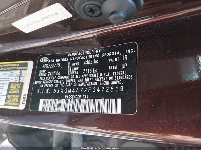 2015 Kia Optima Lx მანქანა იყიდება აუქციონზე, vin: 5XXGM4A72FG472519, აუქციონის ნომერი: 45853219