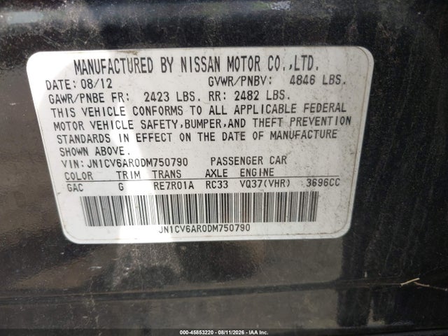 Продажа на аукционе авто 2013 Infiniti G37x, vin: JN1CV6AR0DM750790, номер лота: 45853220