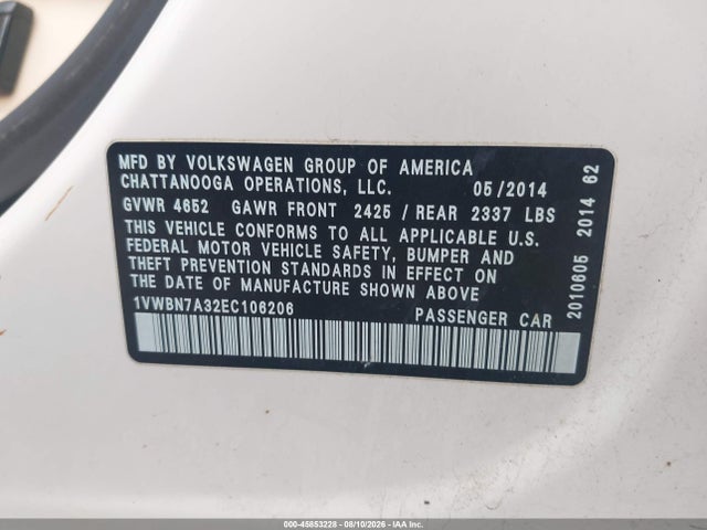 45853228 :رقم المزاد ، 1VWBN7A32EC106206 vin ، 2014 Volkswagen Passat 2.0l Tdi Se مزاد بيع
