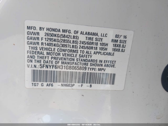 Honda Pilot Ex 2016 5FNYF6H31GB065809 Image 9