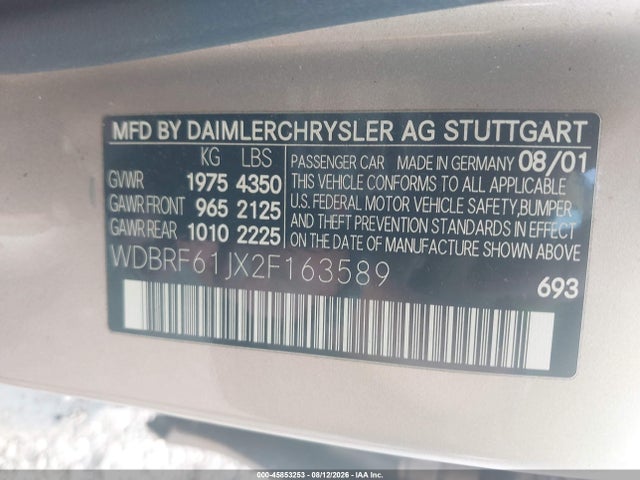 45853253 :رقم المزاد ، WDBRF61JX2F163589 vin ، 2002 Mercedes-benz C 240 مزاد بيع