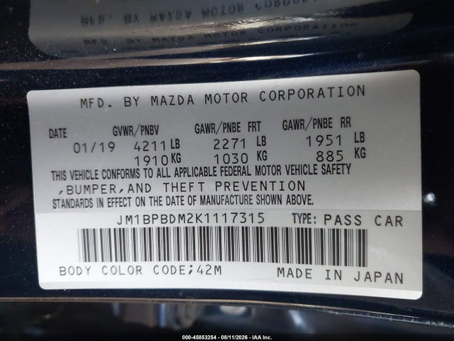2019 Mazda Mazda3 Preferred Package მანქანა იყიდება აუქციონზე, vin: JM1BPBDM2K1117315, აუქციონის ნომერი: 45853254