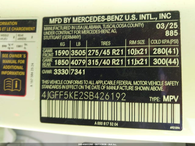 Aukcja sprzedaży 2025 Mercedes-benz Gls 450 4matic, vin: 4JGFF5KE2SB426192, numer aukcji: 45853268