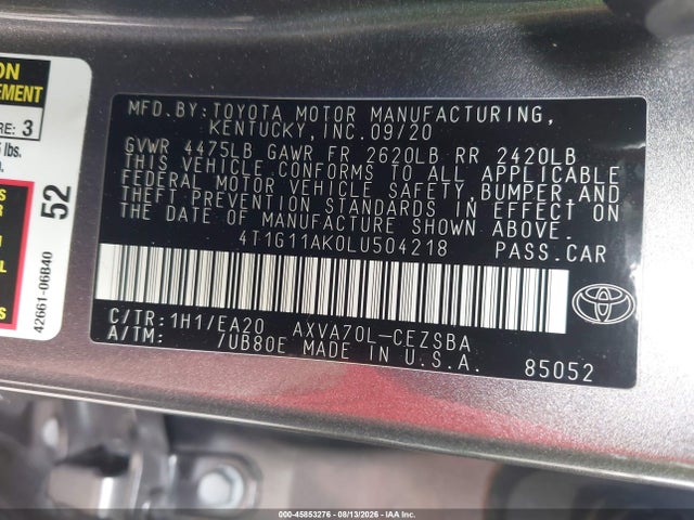 Продаж на аукціоні авто 2020 Toyota Camry Se, vin: 4T1G11AK0LU504218, номер лоту: 45853276