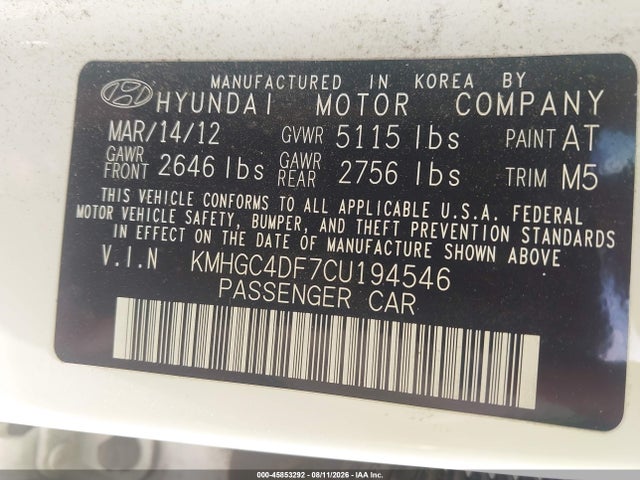 45853292 :رقم المزاد ، KMHGC4DF7CU194546 vin ، 2012 Hyundai Genesis 4.6 مزاد بيع