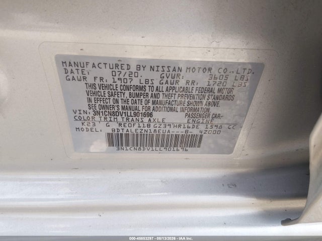 Aukcja sprzedaży 2020 Nissan Versa S Xtronic Cvt, vin: 3N1CN8DV1LL901696, numer aukcji: 45853297