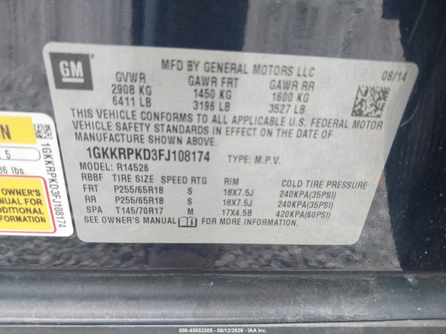 45853305 :رقم المزاد ، 1GKKRPKD3FJ108174 vin ، 2015 Gmc Acadia Sle-2 مزاد بيع