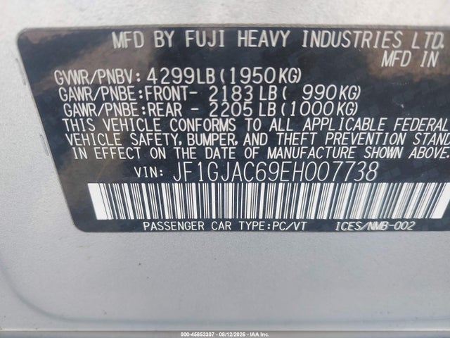 45853307 :رقم المزاد ، JF1GJAC69EH007738 vin ، 2014 Subaru Impreza 2.0i Premium مزاد بيع