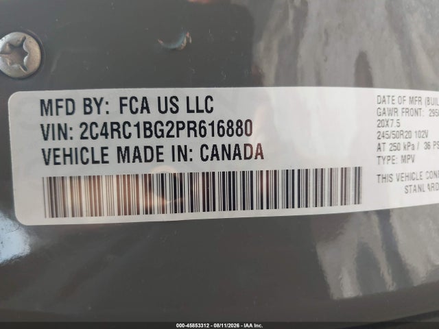 Aukcja sprzedaży 2023 Chrysler Pacifica Touring L, vin: 2C4RC1BG2PR616880, numer aukcji: 45853312