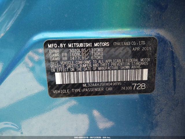 Aukcja sprzedaży 2015 Mitsubishi Mirage Es, vin: ML32A4HJ5FH049895, numer aukcji: 45853319