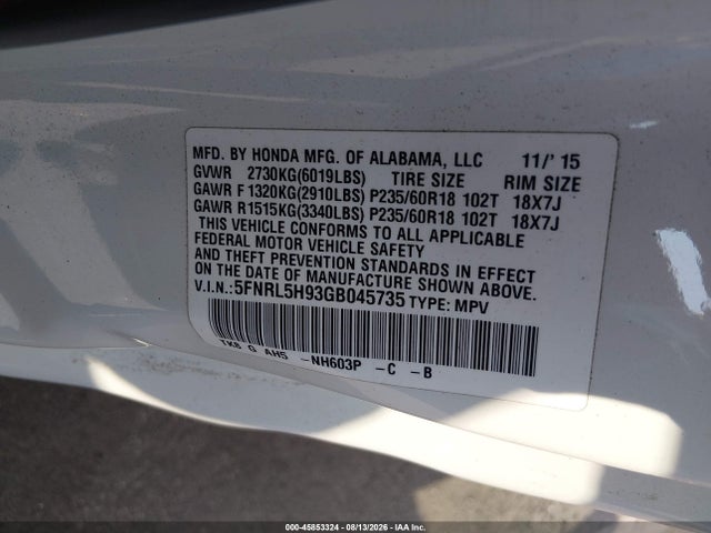 Продаж на аукціоні авто 2016 Honda Odyssey Touring/touring Elite, vin: 5FNRL5H93GB045735, номер лоту: 45853324