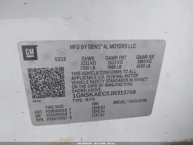 Aukcja sprzedaży 2018 Chevrolet Tahoe Ls, vin: 1GNSKAEC5JR310709, numer aukcji: 45853326