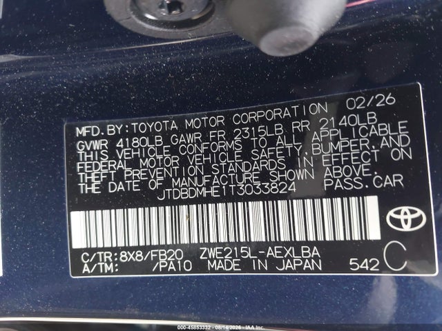 Продажа на аукционе авто 2026 Toyota Corolla Hybrid Hybrid Le, vin: JTDBDMHE1T3033824, номер лота: 45853332