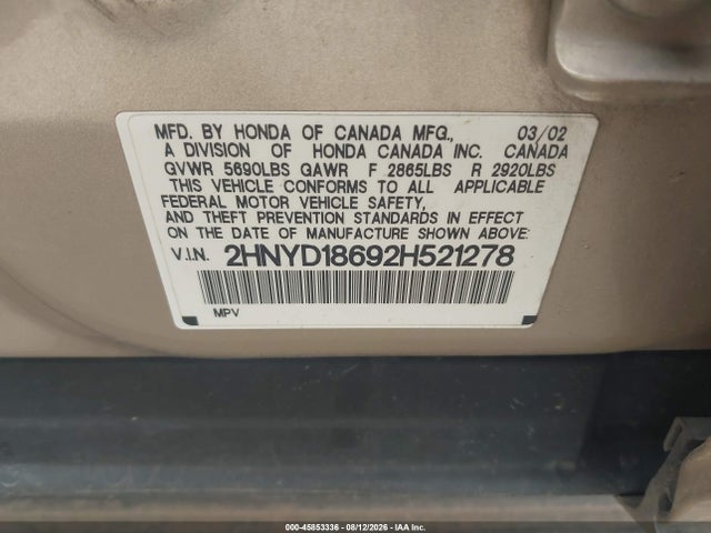 Aukcja sprzedaży 2002 Acura Mdx, vin: 2HNYD18692H521278, numer aukcji: 45853336