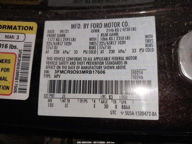 Продаж на аукціоні авто 2021 Ford Bronco Sport Badlands, vin: 3FMCR9D93MRB17606, номер лоту: 45853364