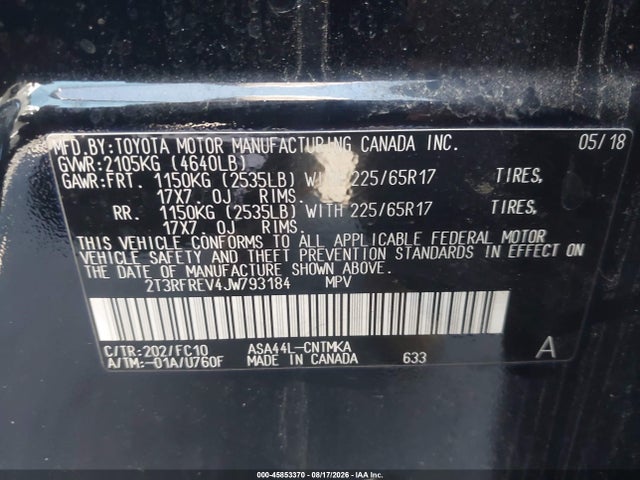 45853370 :رقم المزاد ، 2T3RFREV4JW793184 vin ، 2018 Toyota Rav4 Xle مزاد بيع