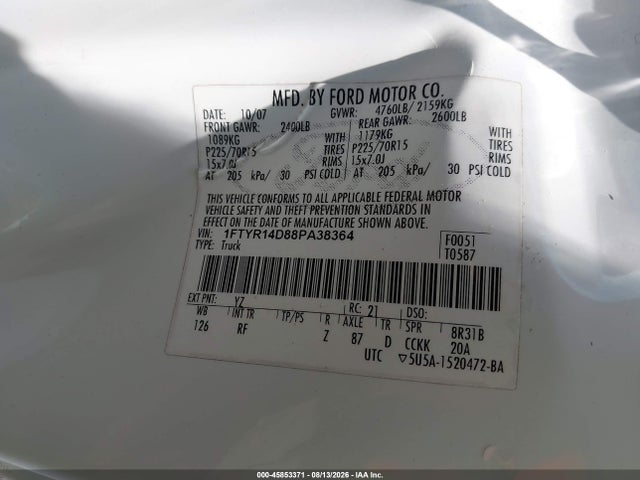 Продажа на аукционе авто 2008 Ford Ranger Xl/xlt, vin: 1FTYR14D88PA38364, номер лота: 45853371