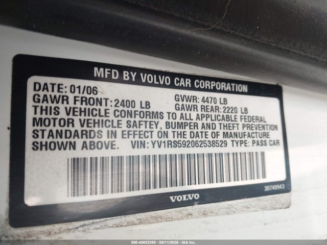 45853380 :رقم المزاد ، YV1RS592062538529 vin ، 2006 Volvo S60 2.5t مزاد بيع