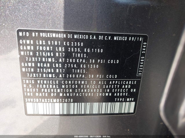 2019 Volkswagen Tiguan 2.0t Se/2.0t Sel/2.0t Sel R-line/2.0t Sel R-line Black მანქანა იყიდება აუქციონზე, vin: 3VV3B7AX2KM012678, აუქციონის ნომერი: 45853385