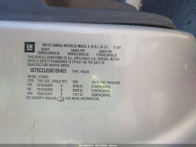2009 Gmc Sierra 1500 Sle მანქანა იყიდება აუქციონზე, vin: 3GTEC23J59G186463, აუქციონის ნომერი: 45853414