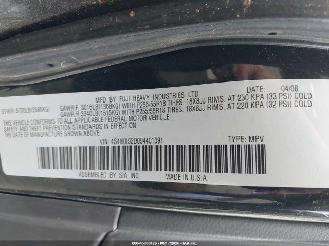 45853426 :رقم المزاد ، 4S4WX92D094401091 vin ، 2009 Subaru Tribeca Limited 5-passenger/special Edition 5-passenger مزاد بيع