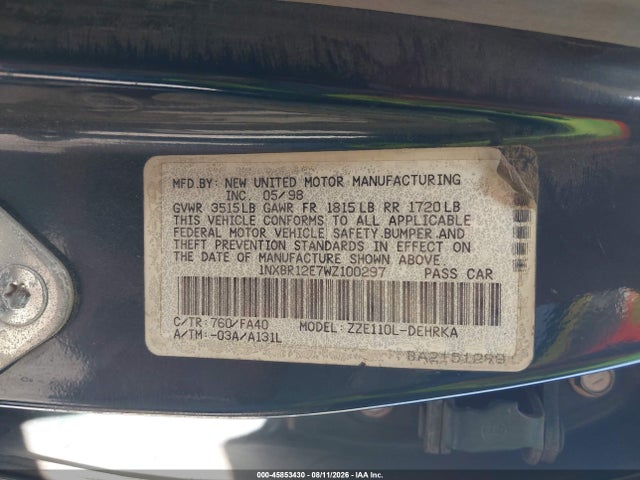 Auction sale of the 1998 Toyota Corolla Ve, vin: 1NXBR12E7WZ100297, lot number: 45853430
