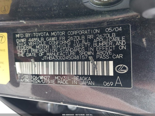 Продажа на аукционе авто 2004 Lexus Es 330, vin: JTHBA30G245048157, номер лота: 45853435