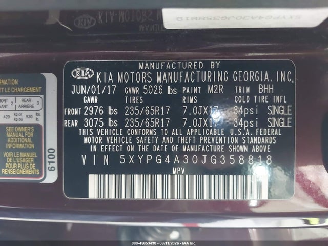 Продаж на аукціоні авто 2018 Kia Sorento 2.4l Lx, vin: 5XYPG4A30JG358818, номер лоту: 45853438