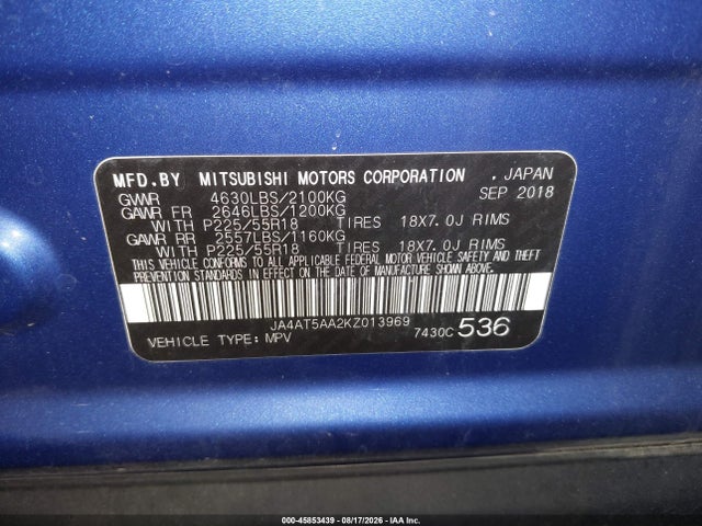 Продаж на аукціоні авто 2019 Mitsubishi Eclipse Cross Se, vin: JA4AT5AA2KZ013969, номер лоту: 45853439