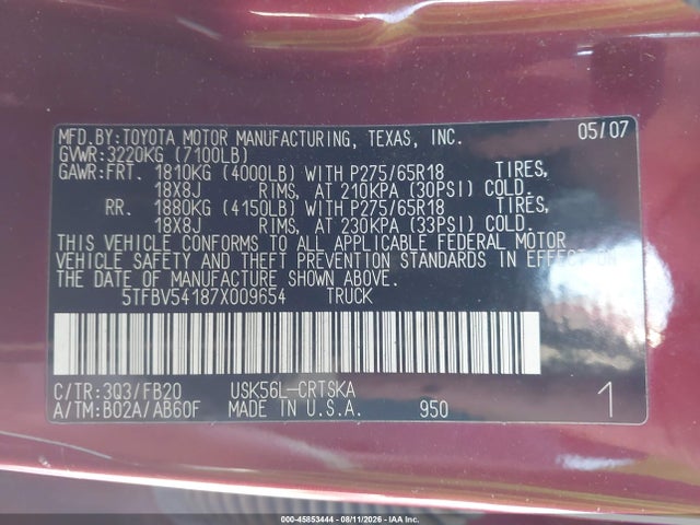 45853444 :رقم المزاد ، 5TFBV54187X009654 vin ، 2007 Toyota Tundra Sr5 5.7l V8 مزاد بيع