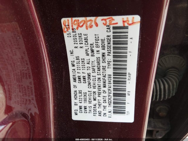 45853453 :رقم المزاد ، 1HGCR2F83FA184088 vin ، 2015 Honda Accord Ex-l مزاد بيع